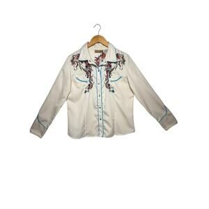 Scully Cream Color Embroidered Horse Flower Womens Long Sleeve Snap Shirt Size L